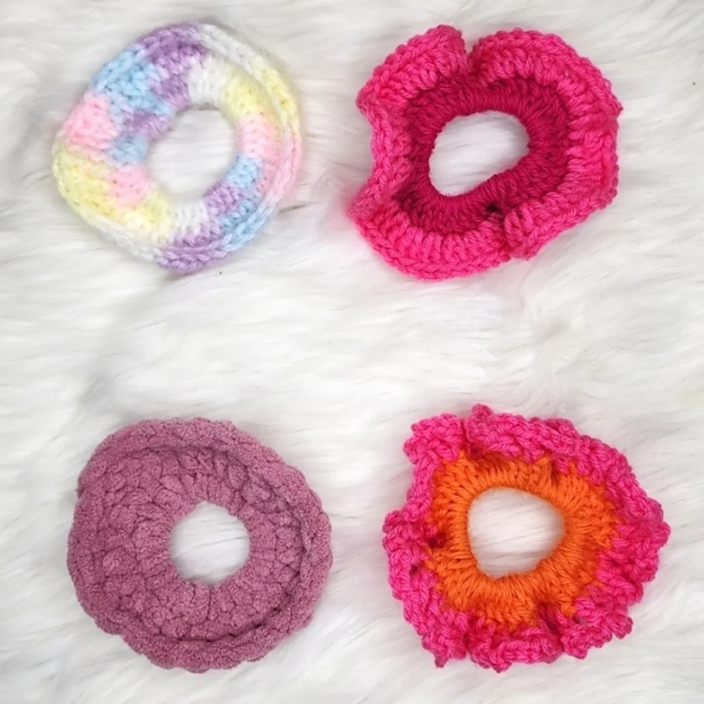 Handmade Textured Crocheted Scrunchies Ponytail Holder Hair Tie Set Of 4 - New